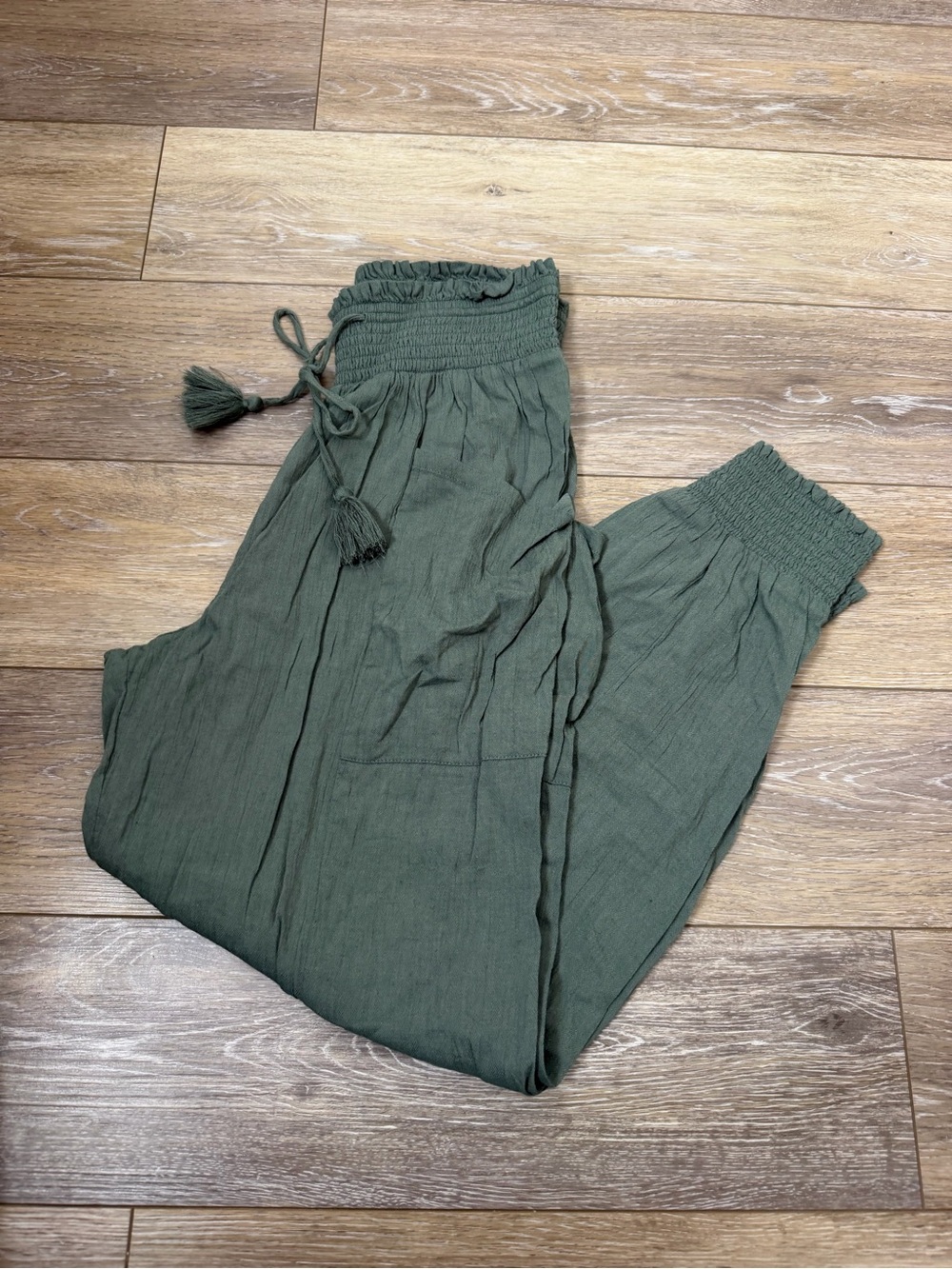 aerie Olive Green Smocked Waist Joggers with Tassel Drawstring
